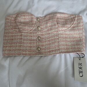 Cider Blush Pink Tweed Bustier Tube Top with Faux Pearl Buttons Size XS NWT